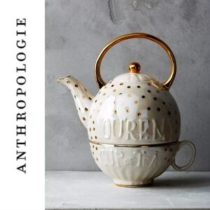 Anthropologie Sweet Sentiment Teapot And Cup Set, Cream and Gold
